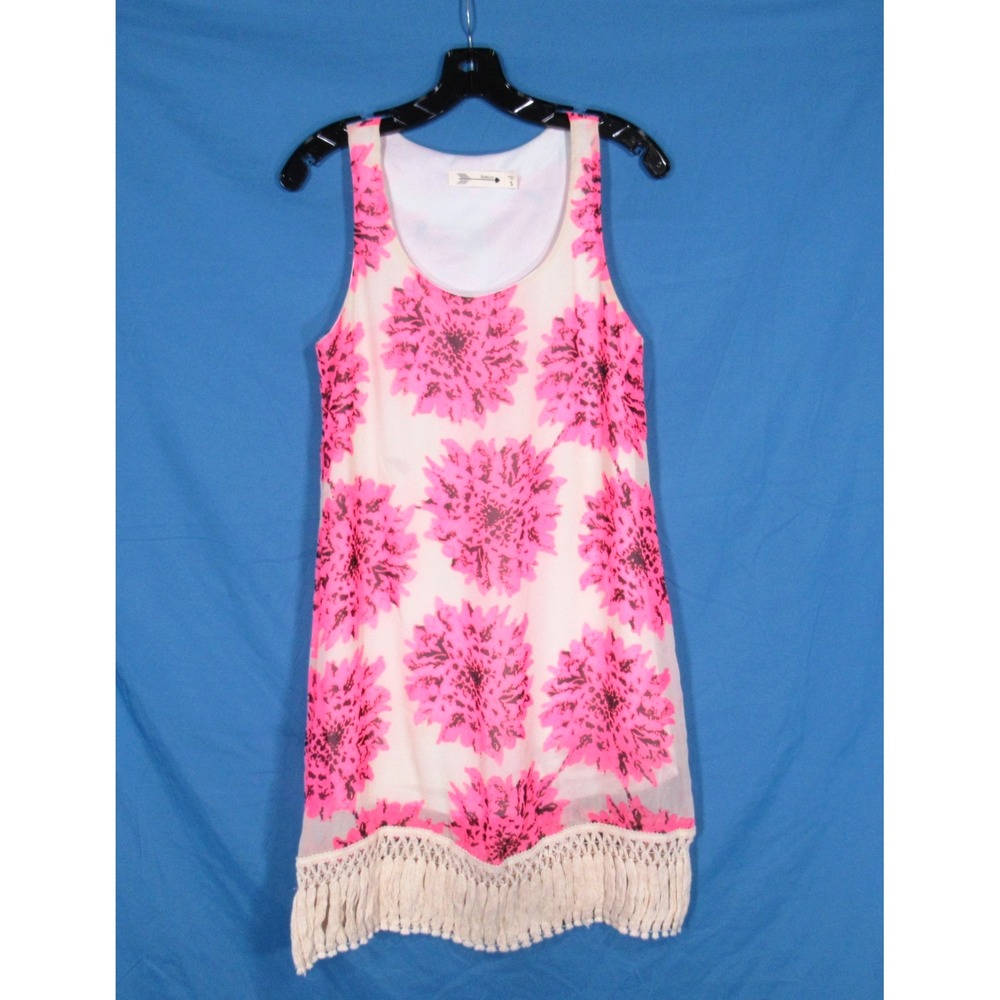 BUDDY LOVE Pink FLORAL Lined CHIFFON Crochet Hem SLEEVELESS Shift Dress Sz S
